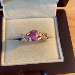 Rose Gold, pink and white moissonite split shank Ring over sterling silver sz 8